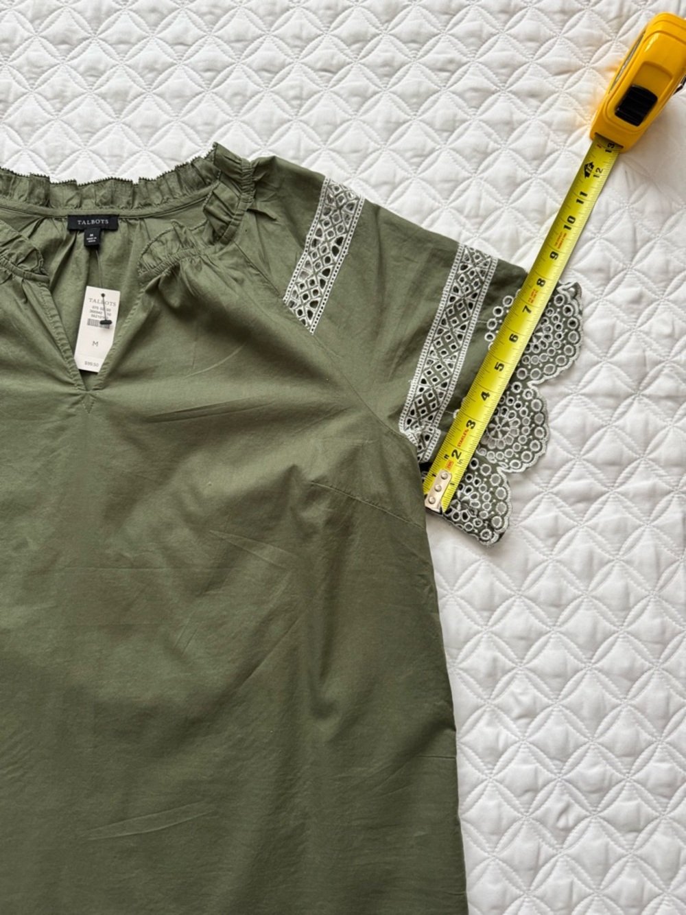NWT Talbots Olive Green Embroidered Eyelet Sleeve Ruffle Neck Blouse Size Medium - Picture 8 of 15